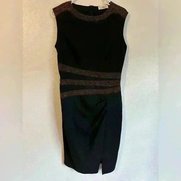 Aisize Women Black and Gold Sleeveless Shift Dress Large Side Slit Ruching Retro - Picture 1 of 8